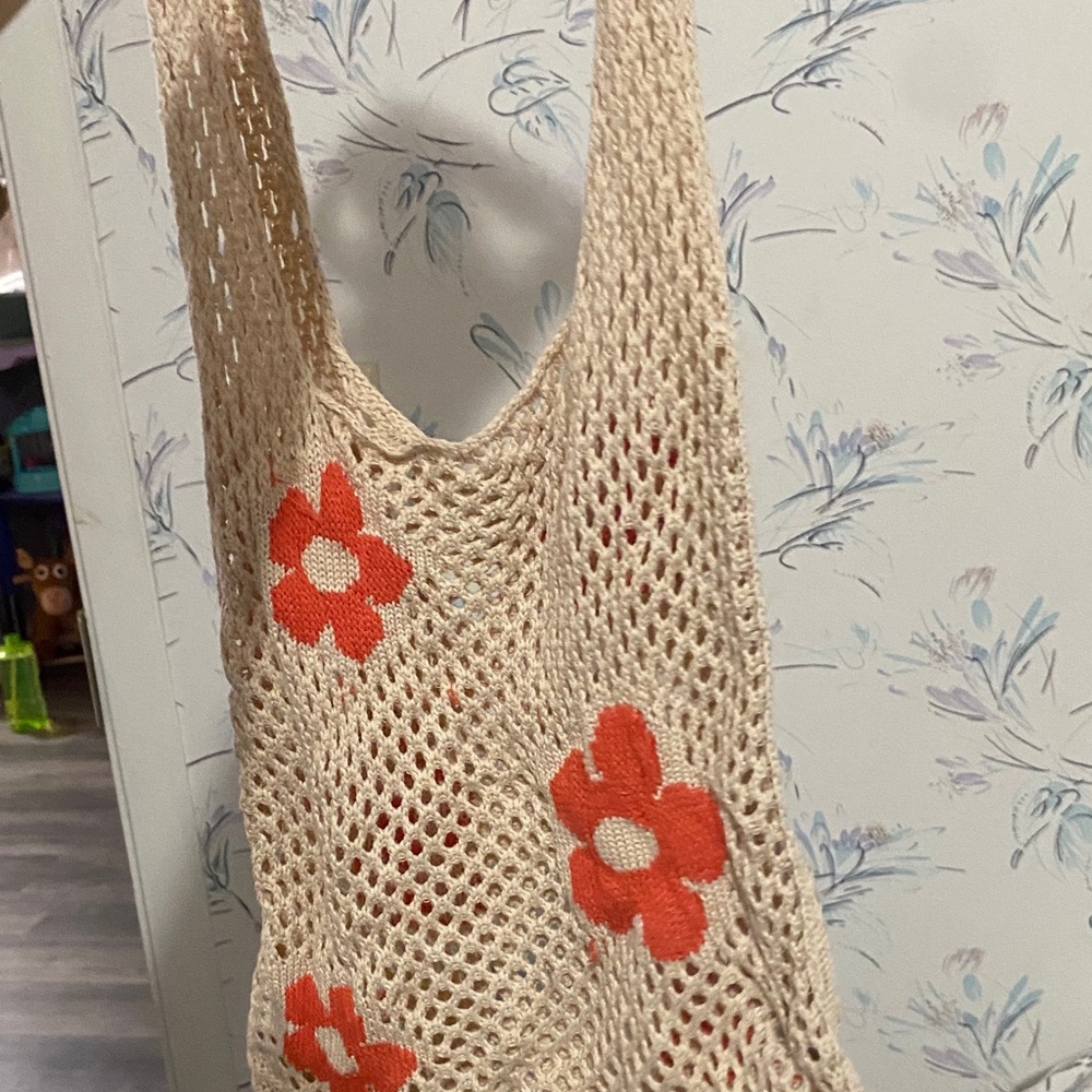 Crochet Floral Tote Bag in Cream with Orange Flowers